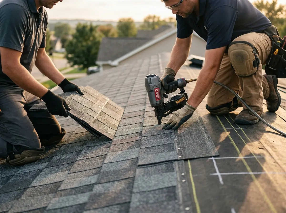 Professional roofer working on a residential roof in Dexter